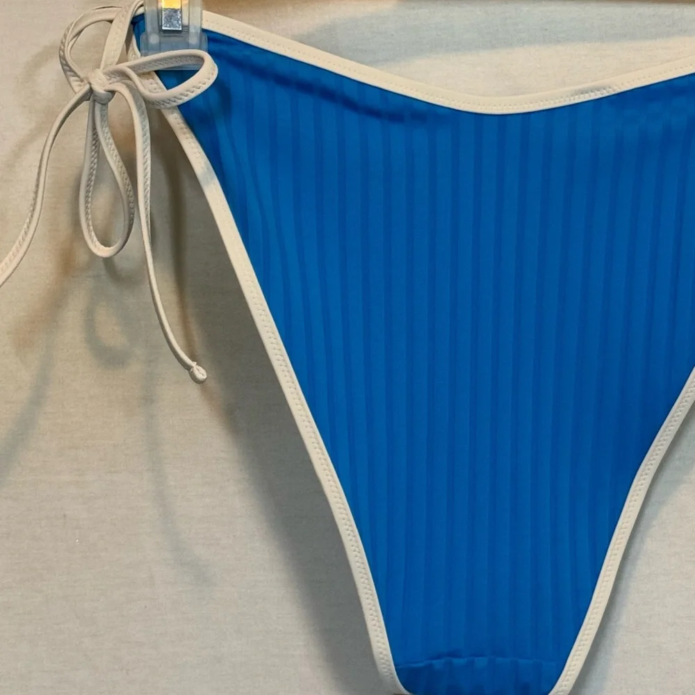 AA-505 Aerie NWT Cheekiest Side Tie Ribbed Blue & White‎ Swim Bikini Bottoms